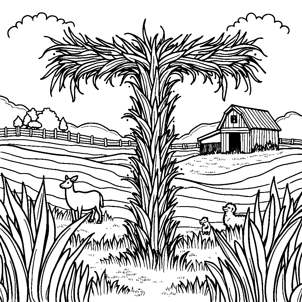 A farm scene where crops form the letter T in the fields