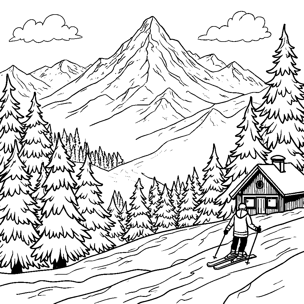 Snowy Mountain and T-Shaped Ski Slope Drawing Idea