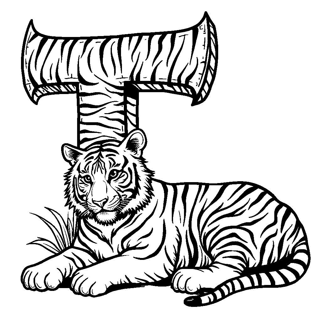 A tiger lounging, with stripes forming the letter T