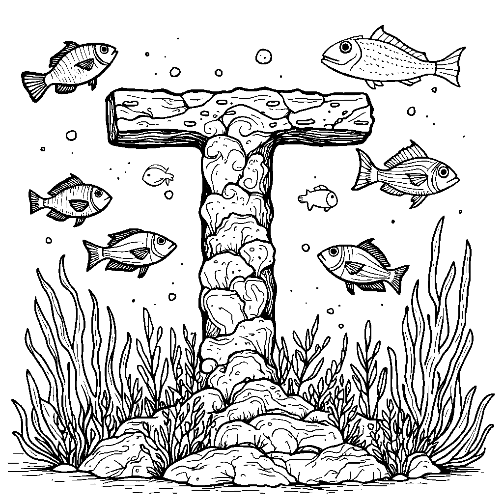 An aquarium scene where fish swim around a letter T made of coral