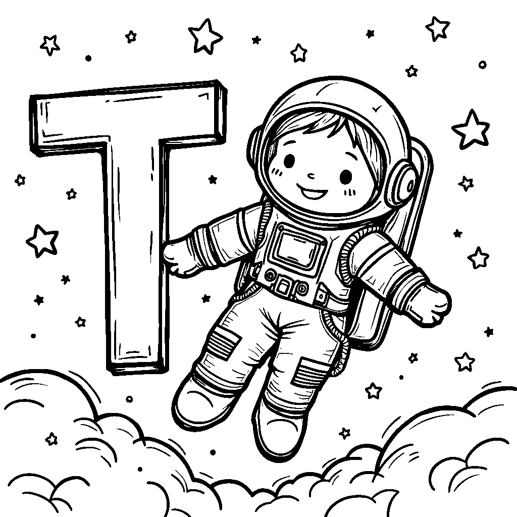 An astronaut floating next to a letter T in space