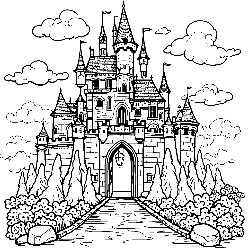 An enchanted castle with the letter T as its grand entrance