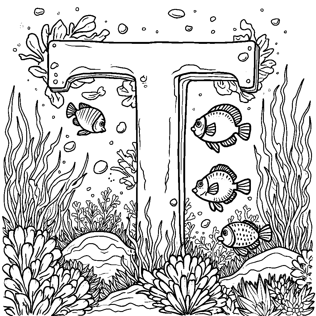 An underwater scene with fish swimming around a giant letter T