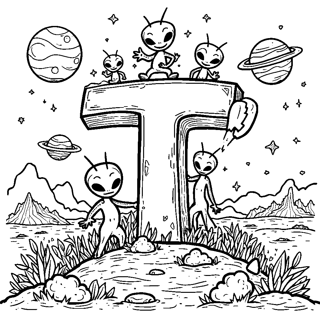 An outer space theme with aliens playing around a letter T planet