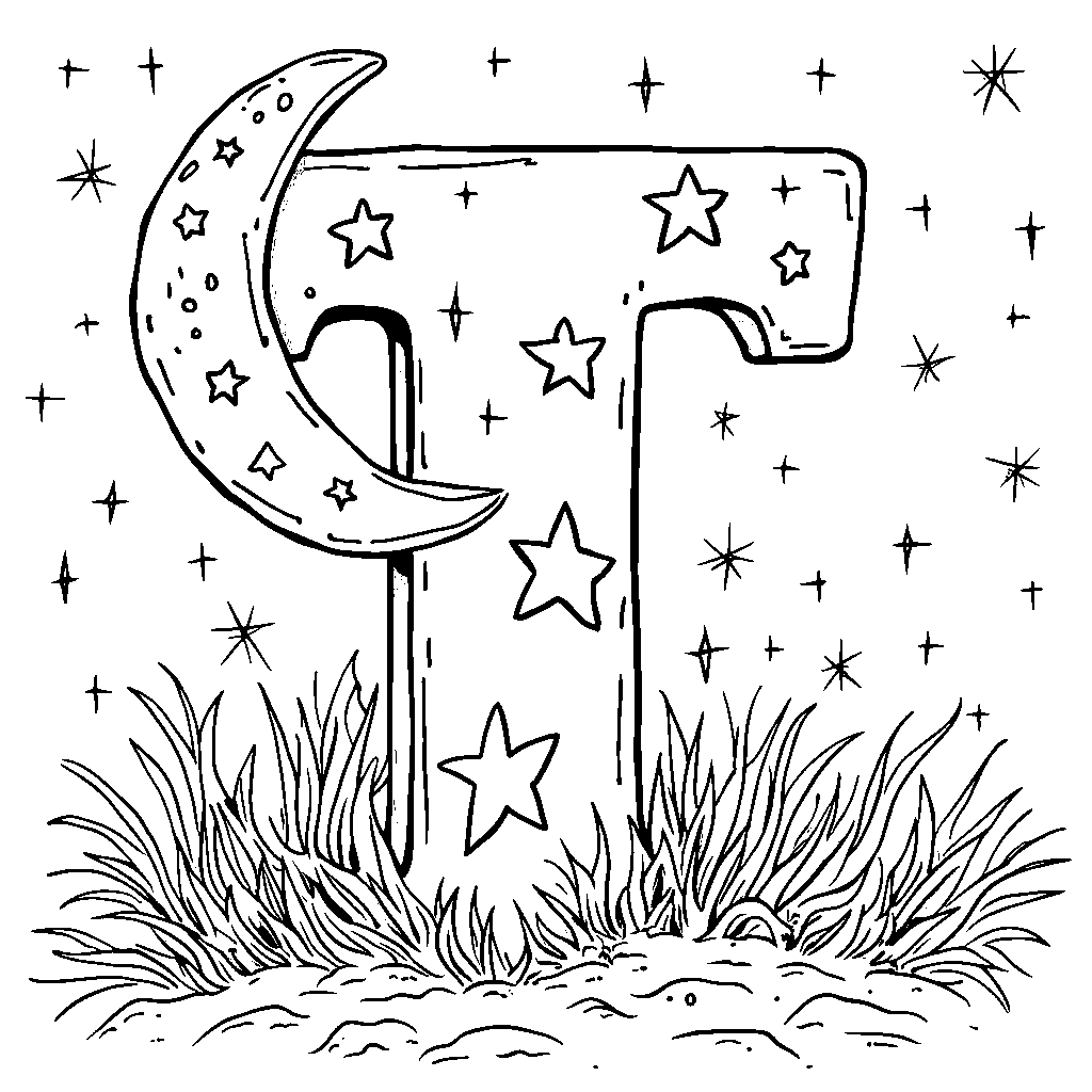 The letter T decorated with stars and a moon