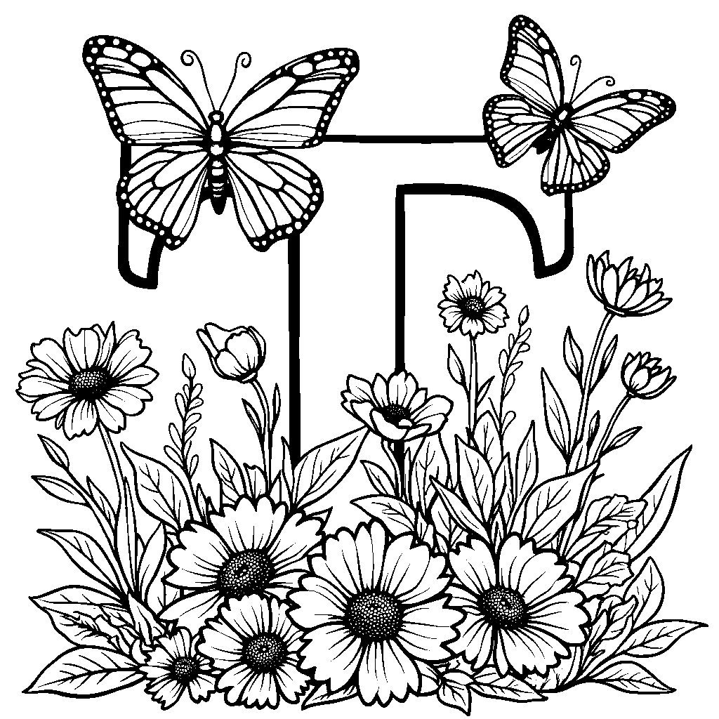 The letter T surrounded by flowers and butterflies