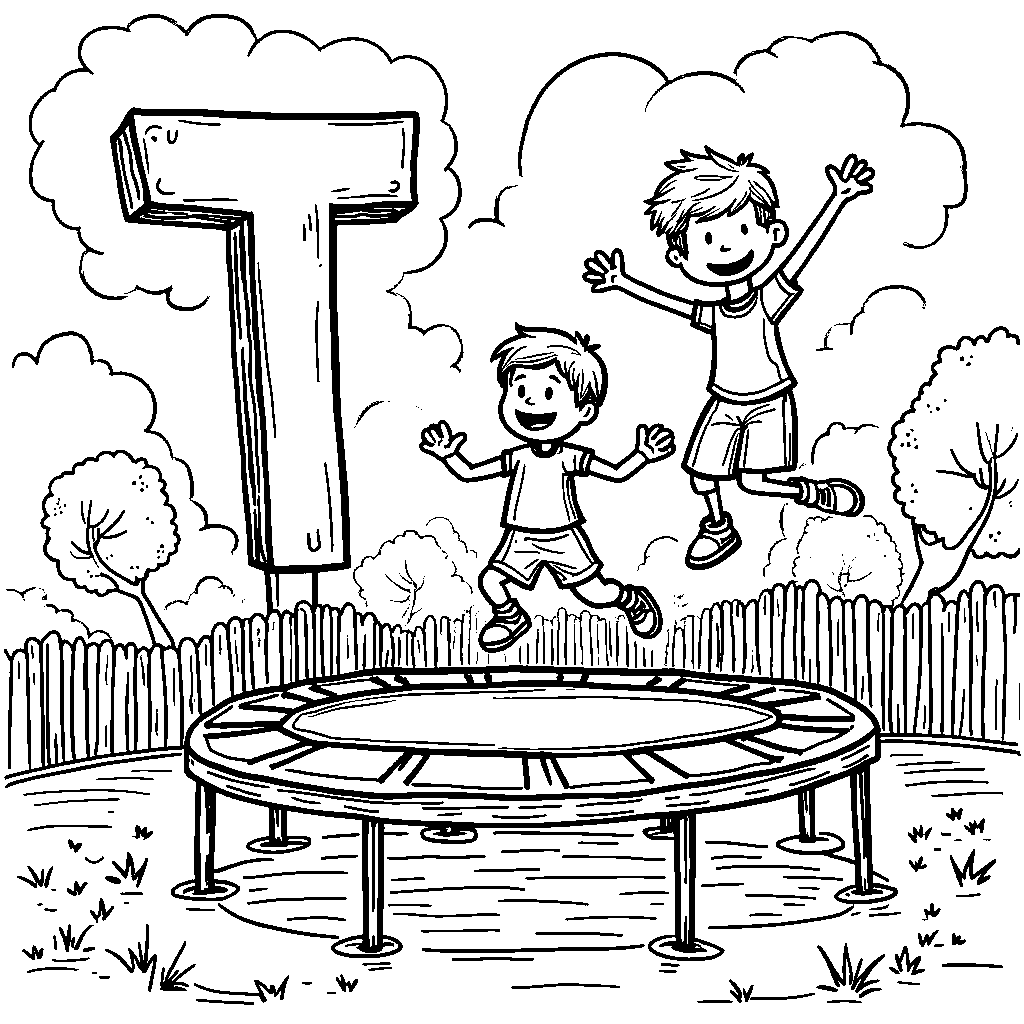 A trampoline in the shape of the letter T with kids jumping