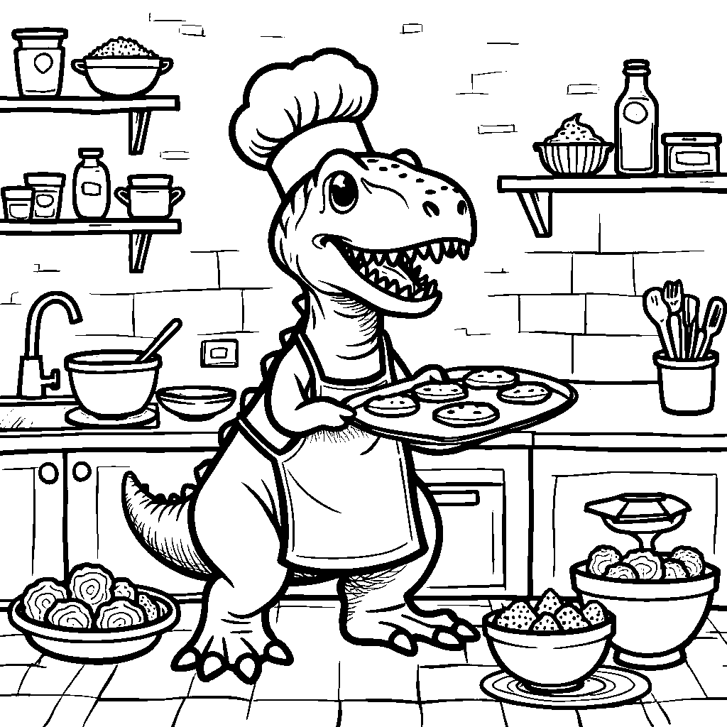 T-Rex baking cookies in a kitchen