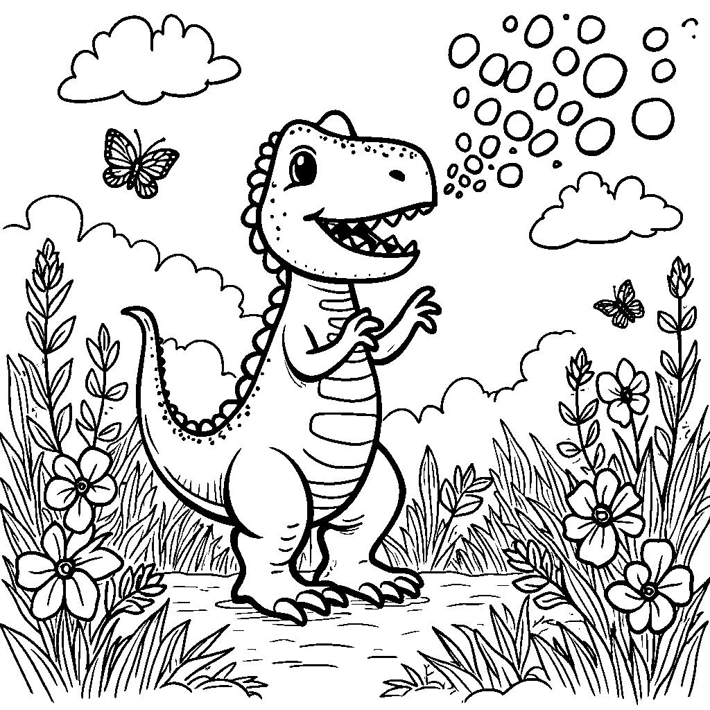 T-Rex blowing bubbles in a field of flowers