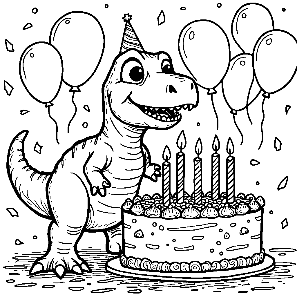 T-Rex blowing out candles on a giant birthday cake