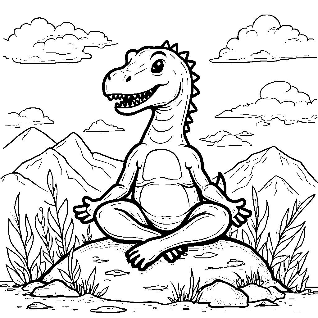 T-Rex doing yoga poses on a mountaintop