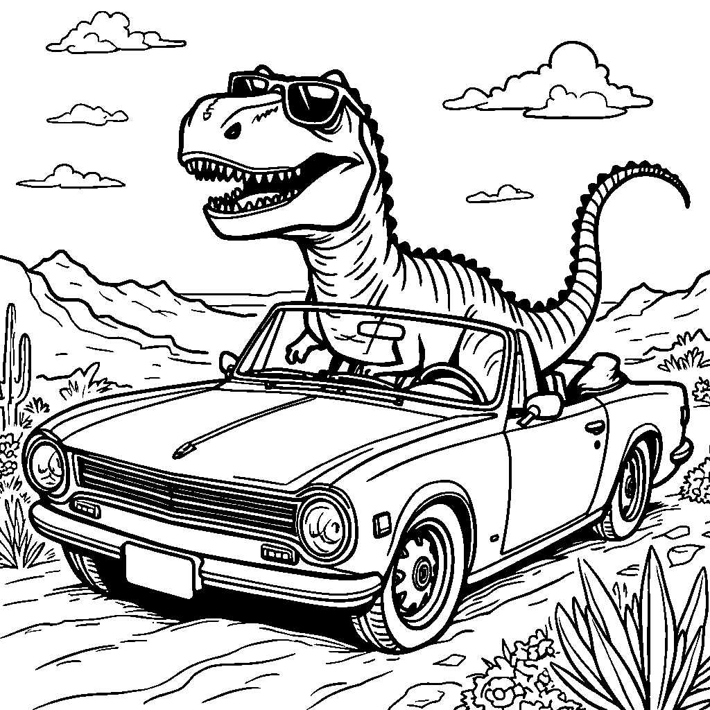 T-Rex driving a car on a road trip through the desert