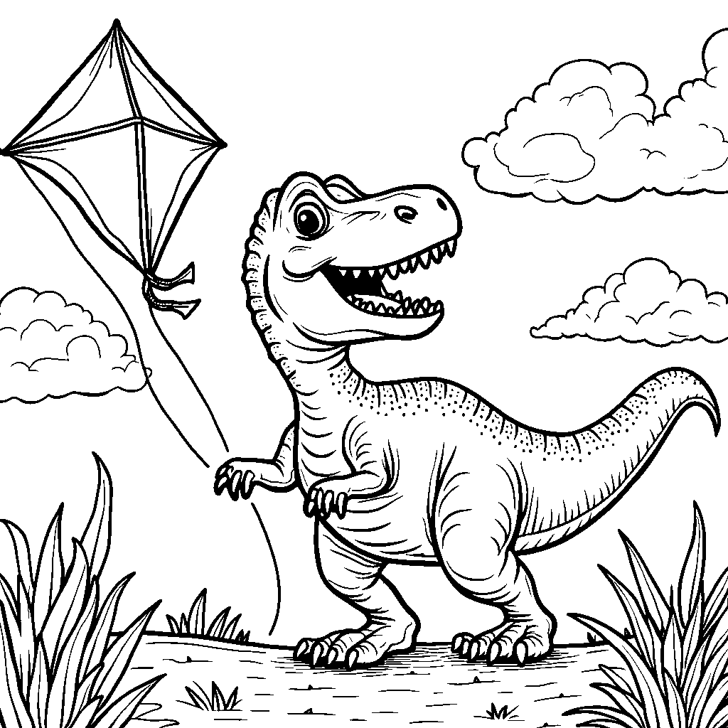 T-Rex flying a kite on a windy day