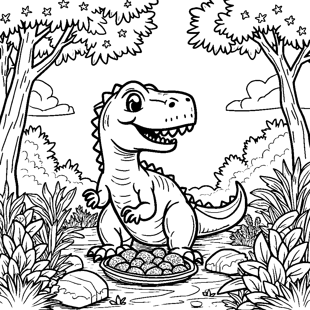 T-Rex having a picnic with its dinosaur friends in a prehistoric forest