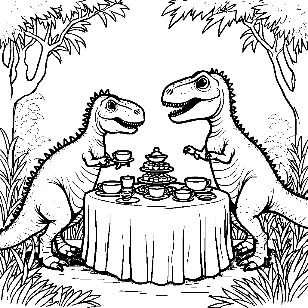 T-Rex having a tea party with a Stegosaurus