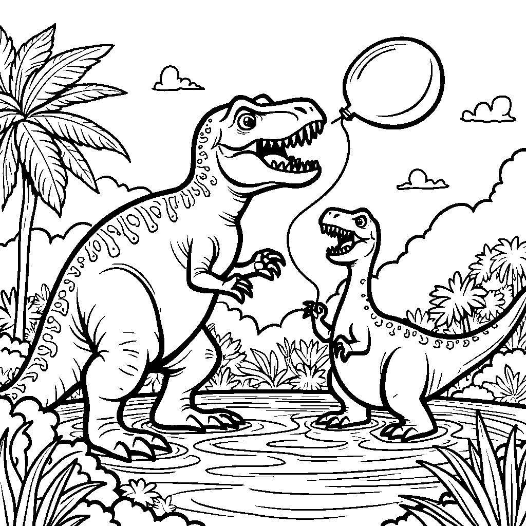 T-Rex having a water balloon fight with a diplodocus