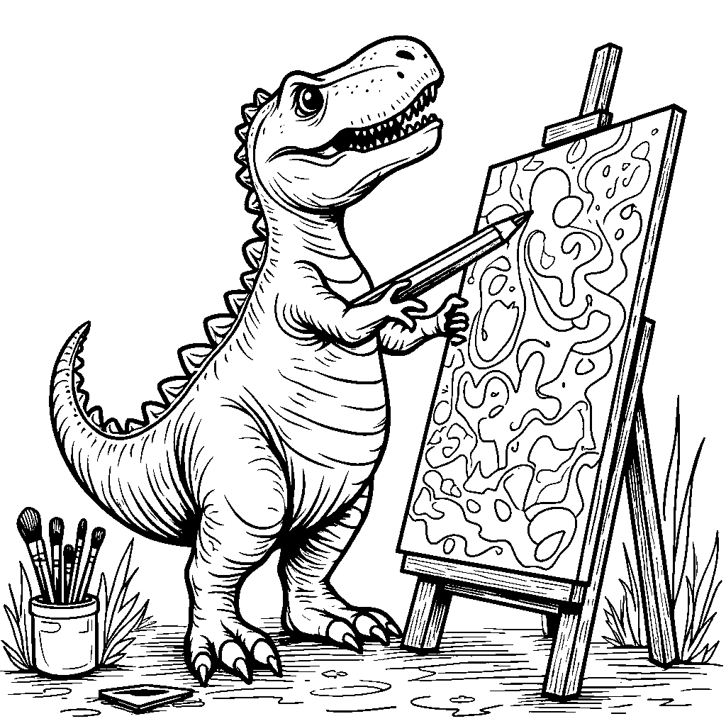 T-Rex holding a giant pencil and drawing a masterpiece