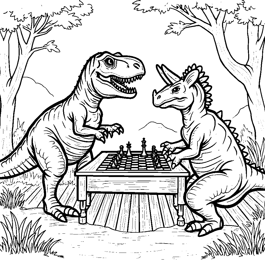 T-Rex playing chess with a triceratops