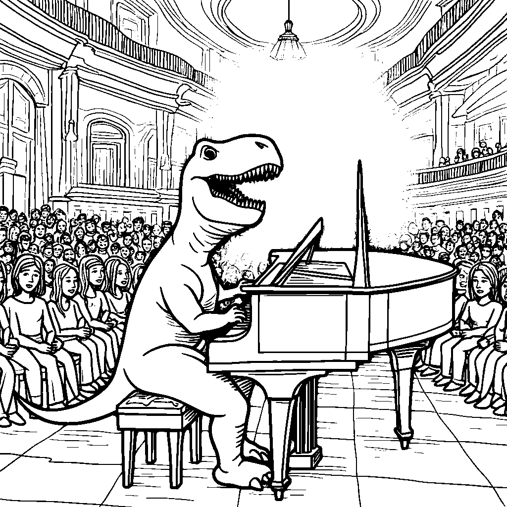 T-Rex playing the piano in a concert hall