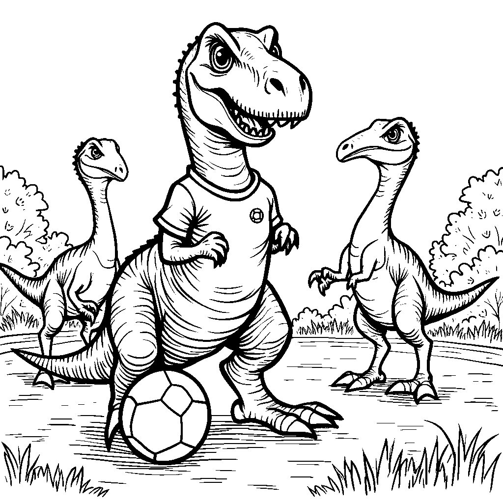 T-Rex playing soccer with a team of pterodactyls