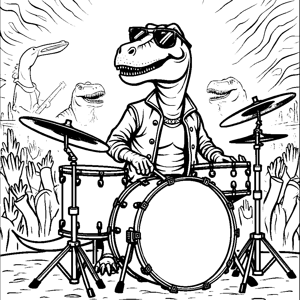 T-Rex playing the drums in a rock band