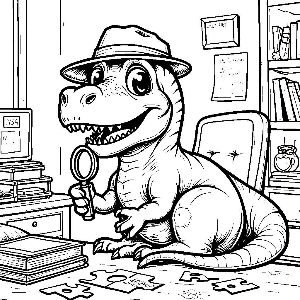 T-Rex playing with a puzzle in a detective's office