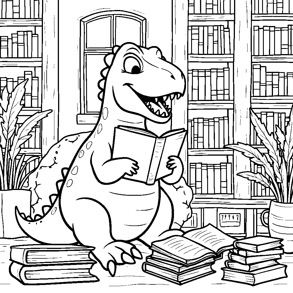 T-Rex reading a book in a cozy library