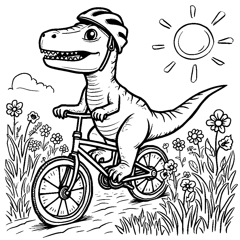 T-Rex riding a bicycle through a field of flowers