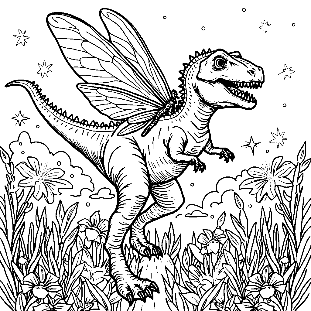 T-Rex riding a dragonfly through a garden