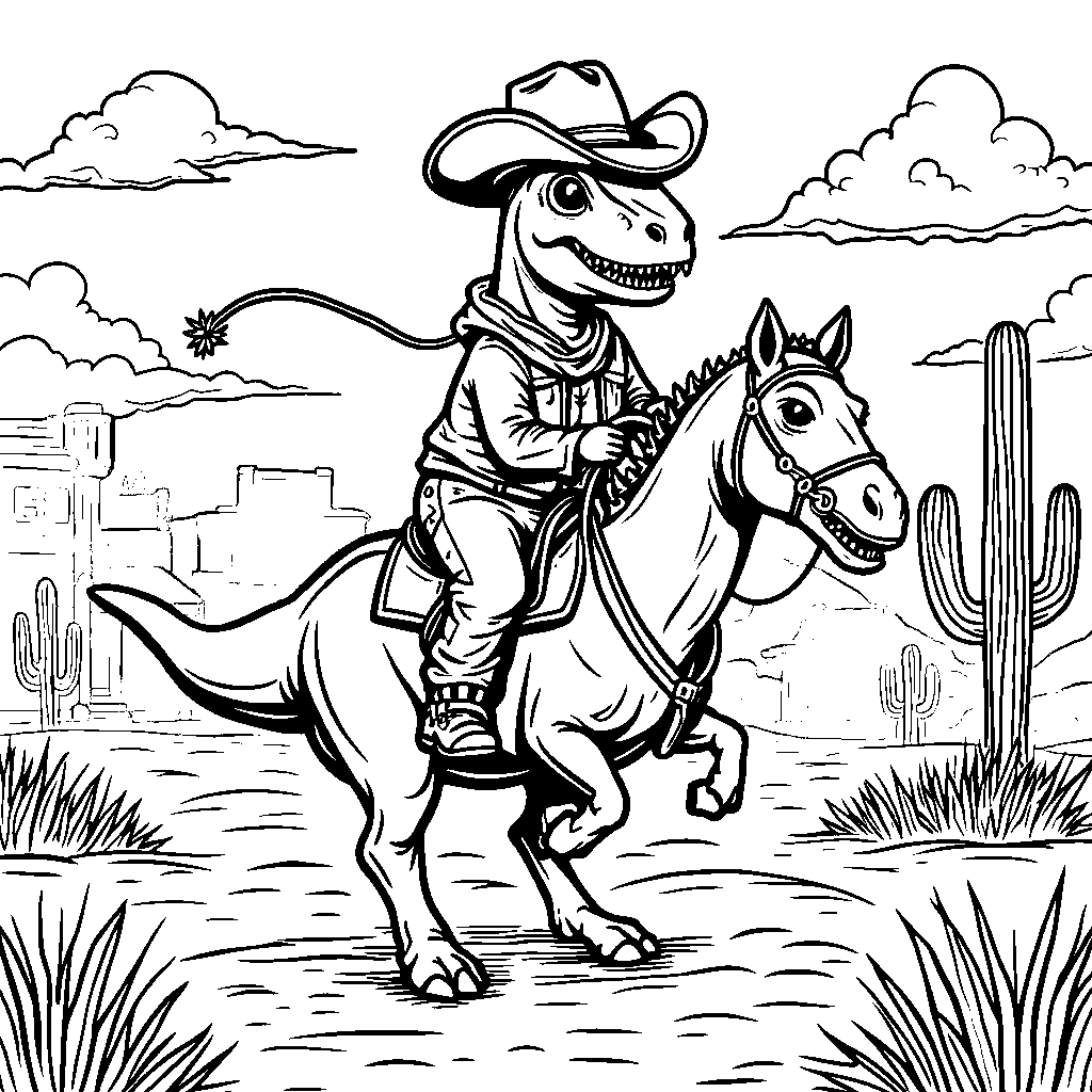 T-Rex riding a horse through the Wild West