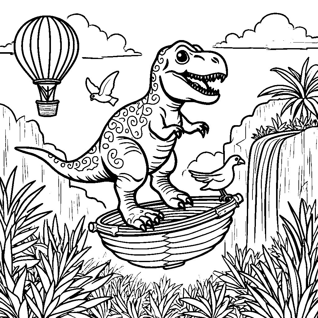 T-Rex riding a hot air balloon over a jungle