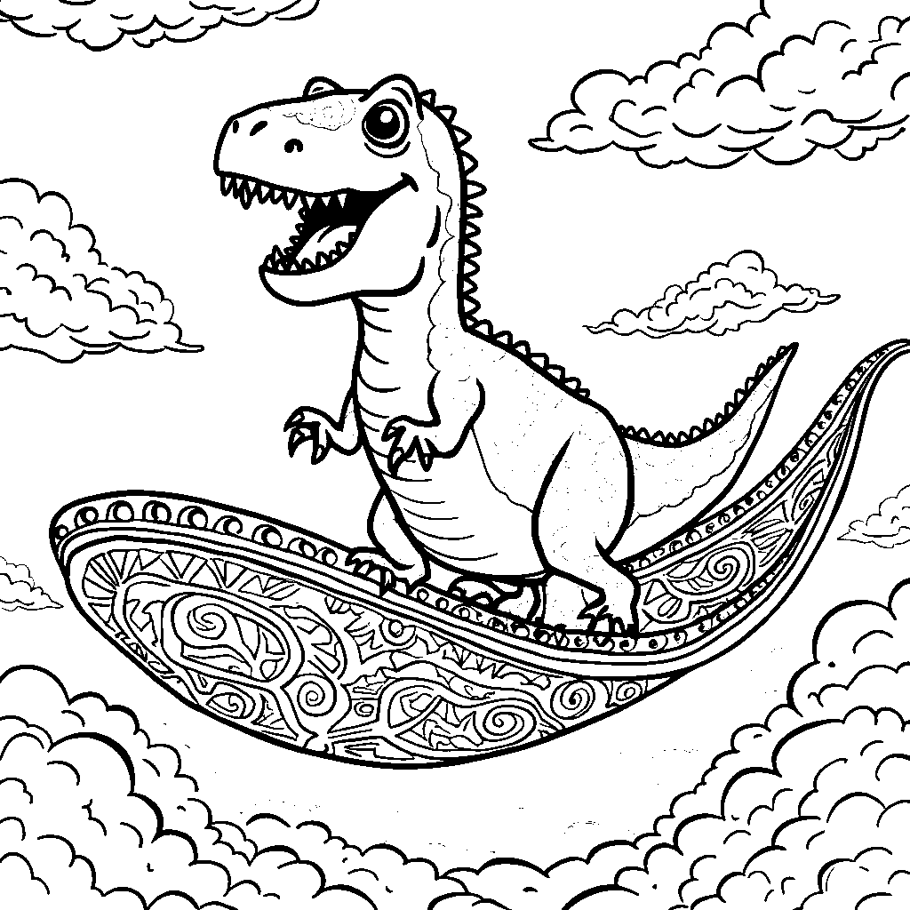 T-Rex riding a magic carpet through the clouds