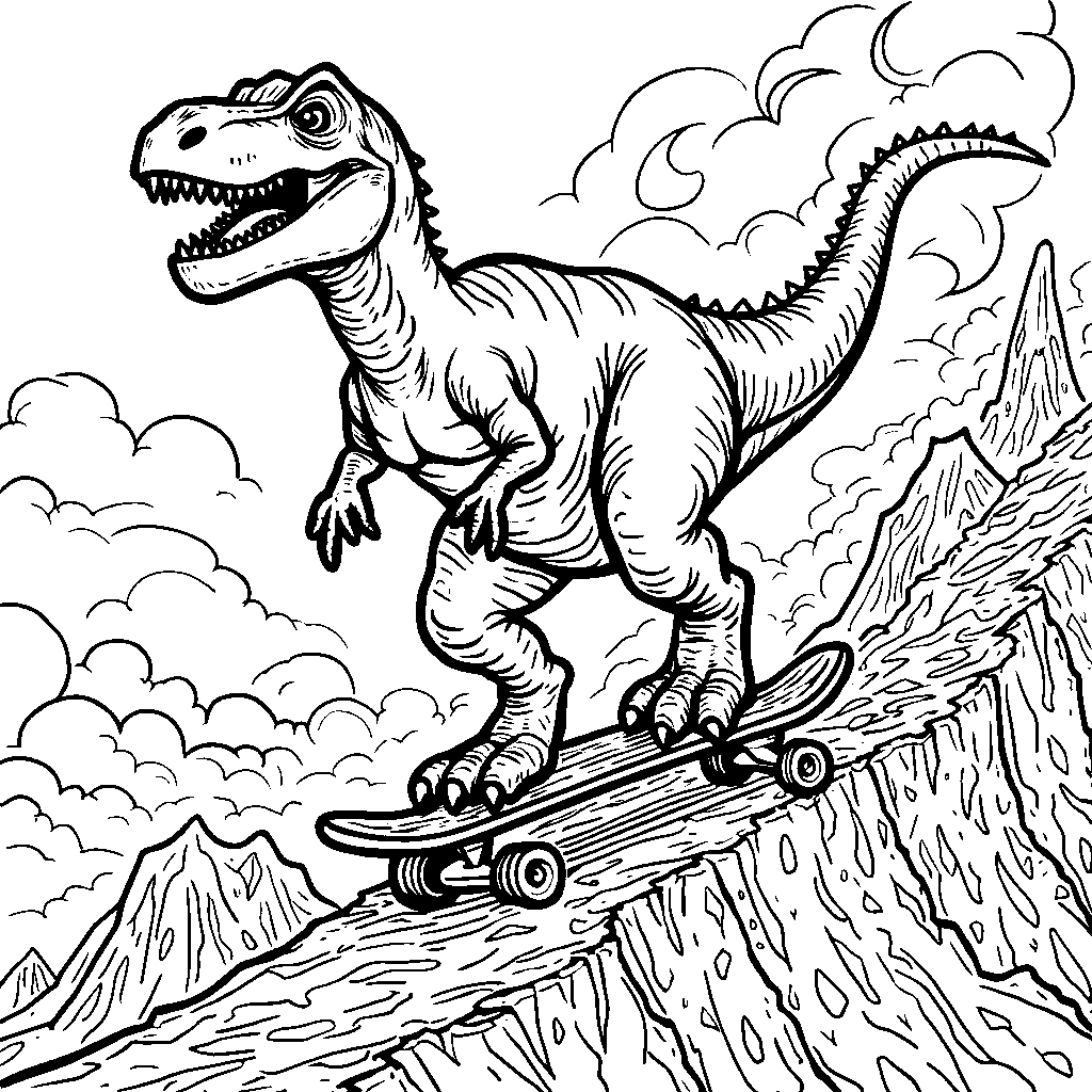 T-Rex riding a skateboard down a volcano