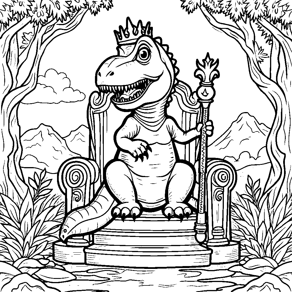 T-Rex sitting on a throne as the king of the dinosaurs