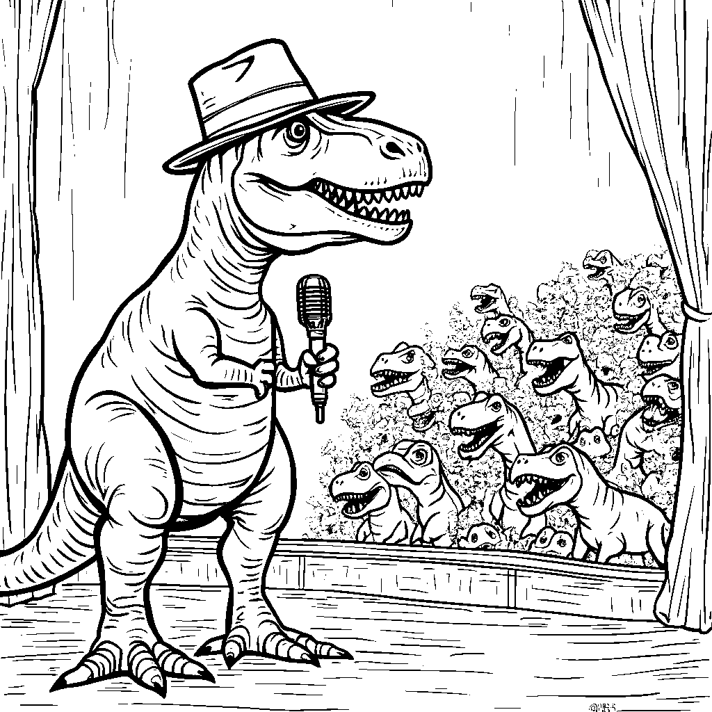 T-Rex telling jokes at a comedy club