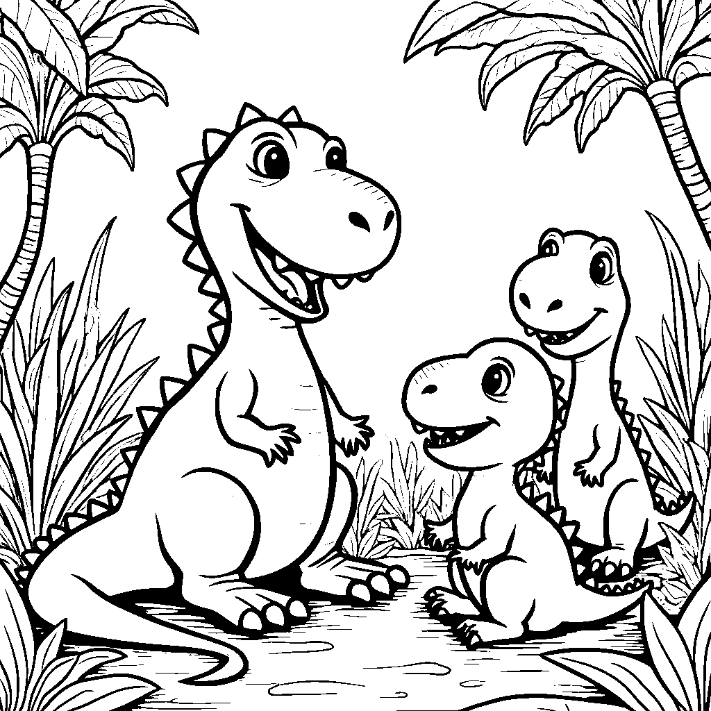 T-Rex telling stories to a group of baby dinosaurs