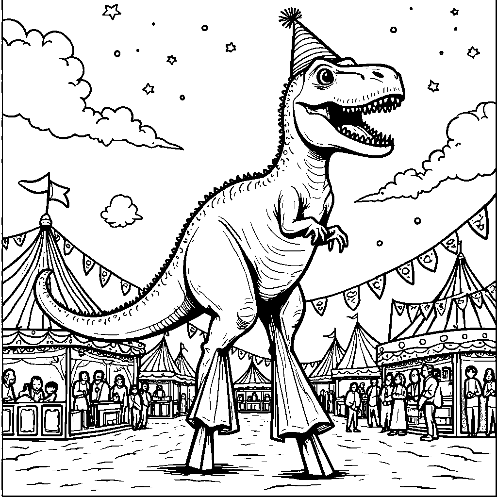 T-Rex walking on stilts through a carnival