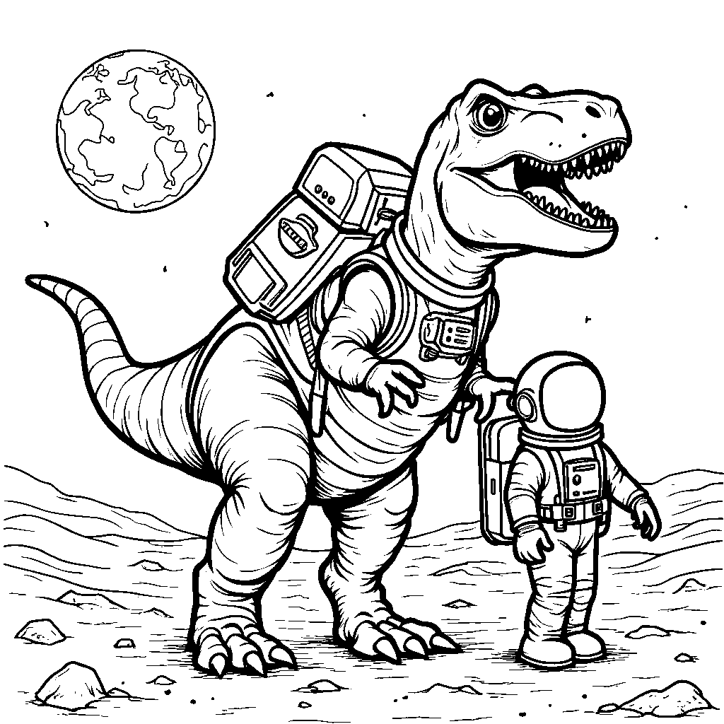 T-Rex walking on the moon with an astronaut