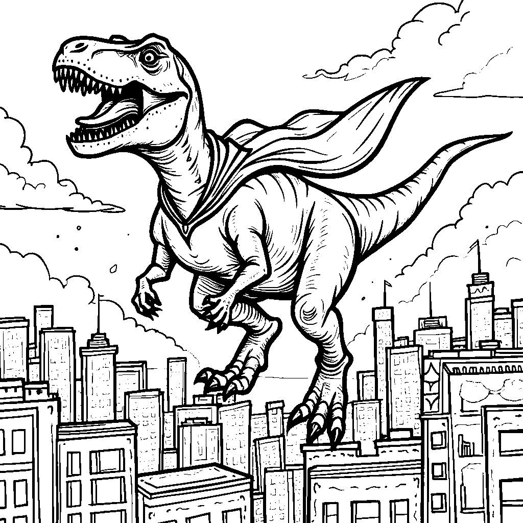 T-Rex wearing a superhero cape flying through the city