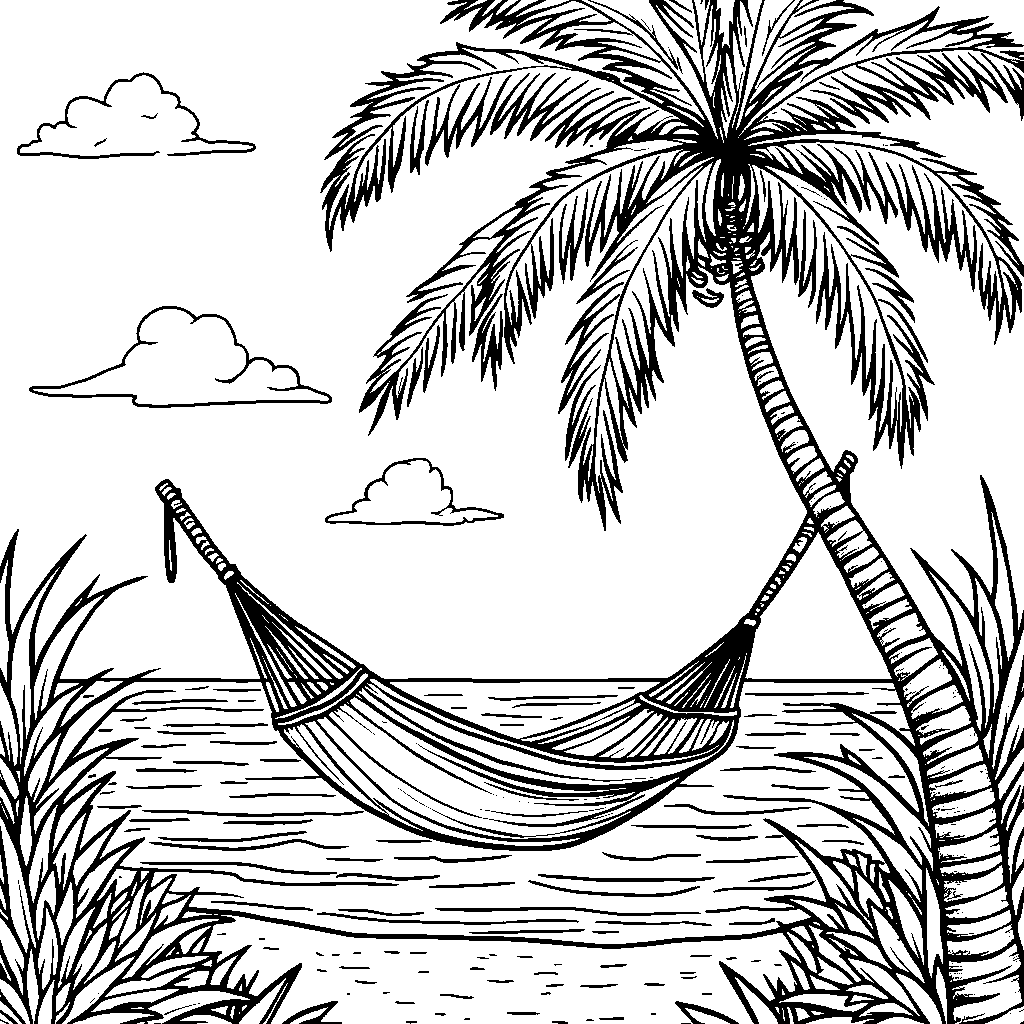 A palm tree on a sunny beach with a hammock between its trunks