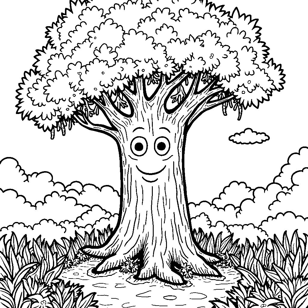 A towering tree with a face that smiles at the sun