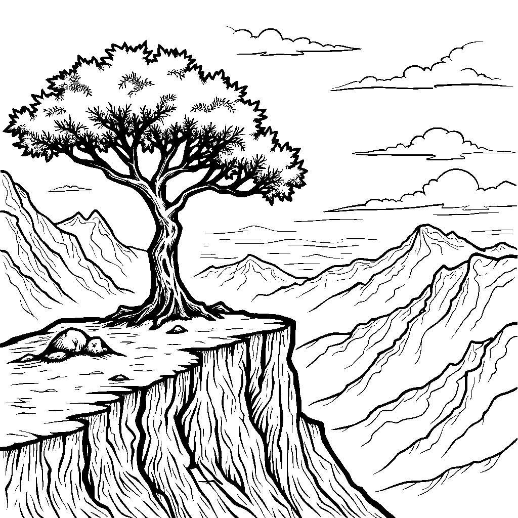 A tree that's growing on the edge of a rugged mountain