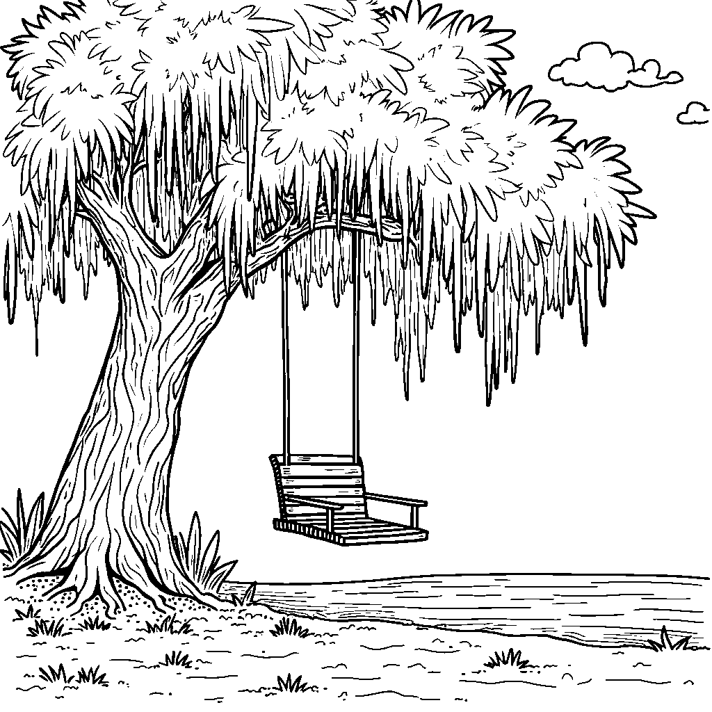 A weeping willow tree with a swing hanging from its branch