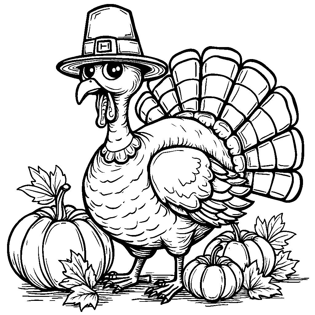 A happy turkey wearing a pilgrim hat