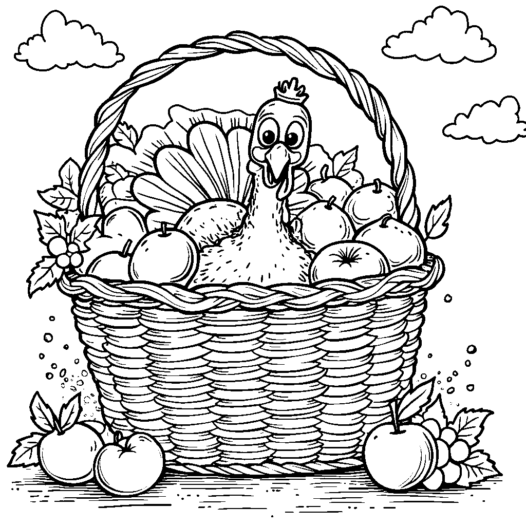 A turkey holding a basket full of fresh fruit