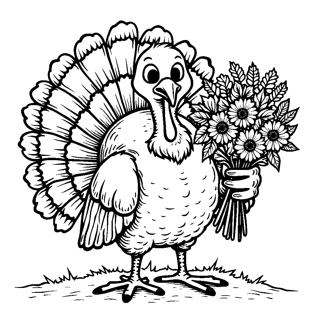 A turkey holding a bouquet of flowers