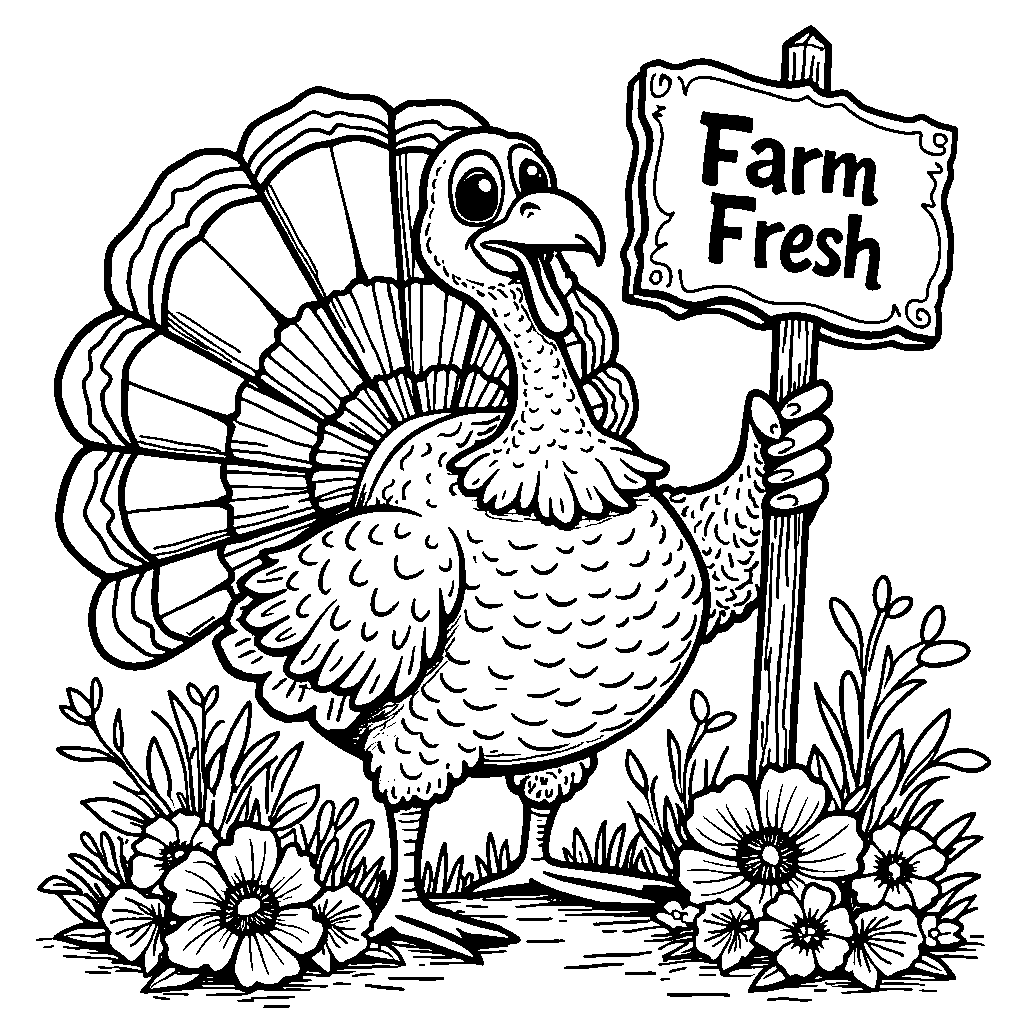 A turkey holding a 'Farm Fresh' sign