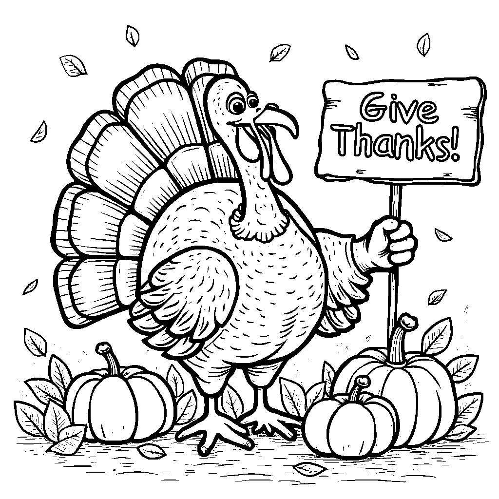 A turkey holding a 'Give Thanks' sign