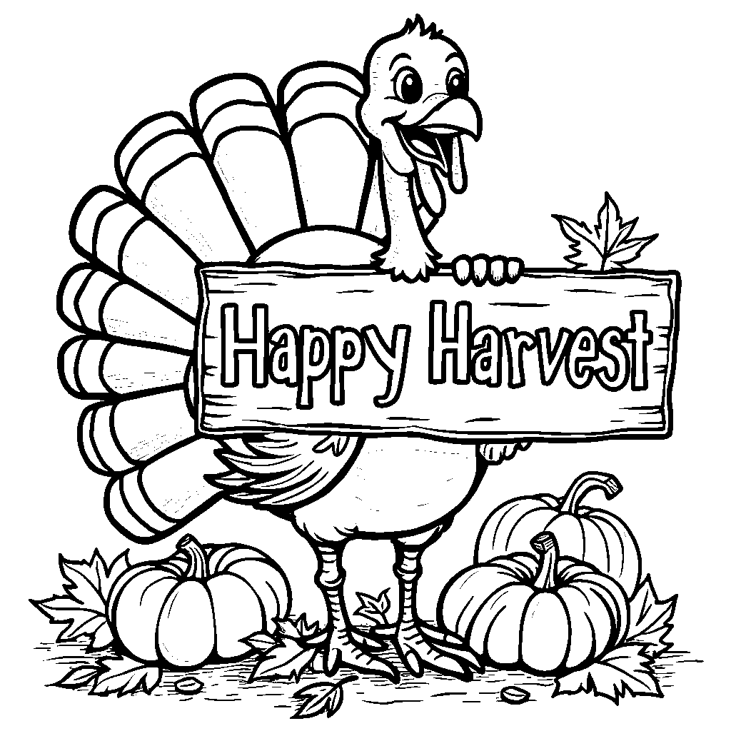 A turkey holding a 'Happy Harvest' sign