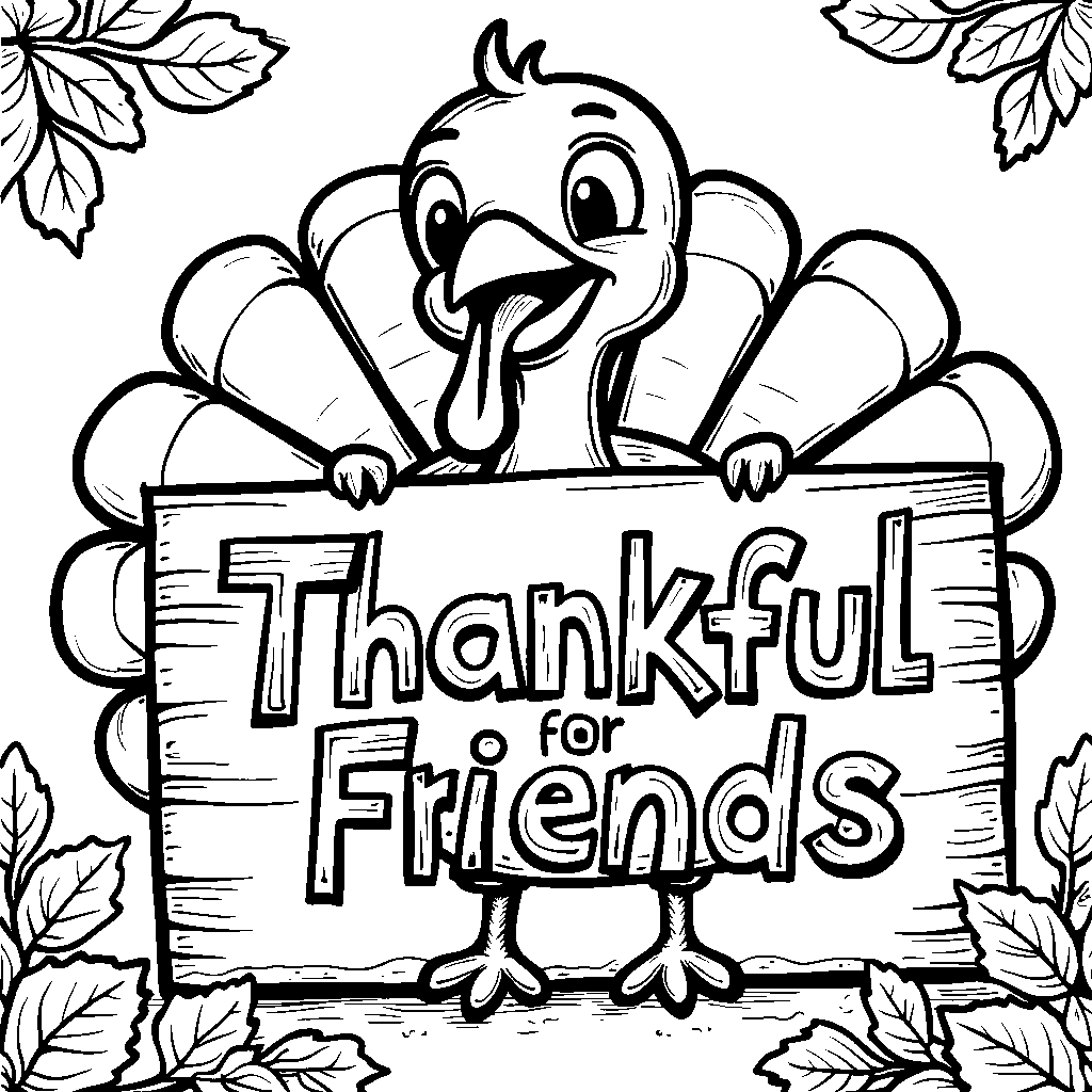 A turkey holding a 'Thankful for Friends' sign